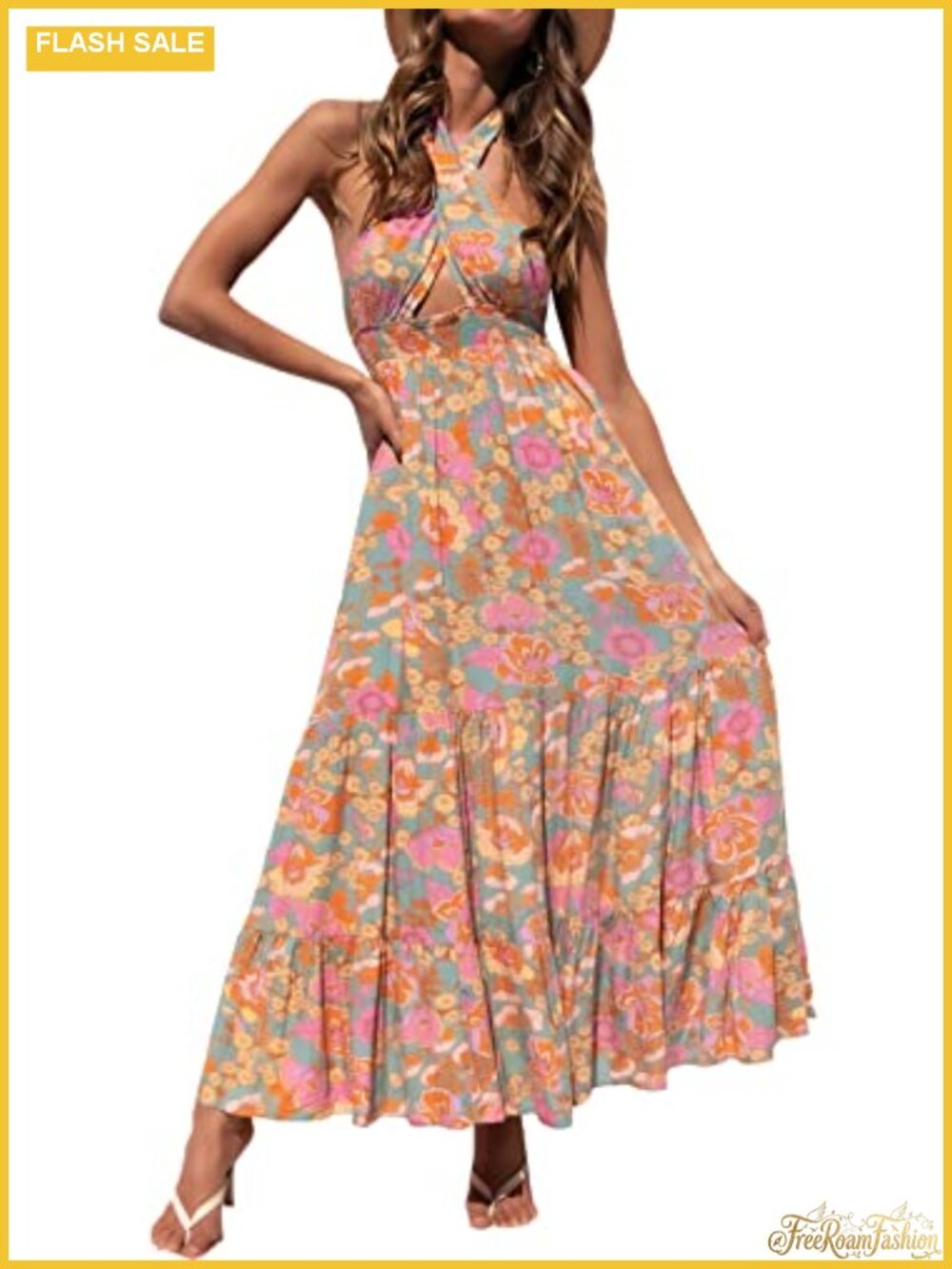 Rayon Maxi Dress Halter Sleeveless A-Line Floral Ruffle